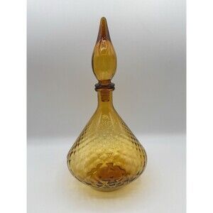 Vintage Empoli Amber Glass Diamond Pattern Decanter Genie Bottle Stopper 13.5”
